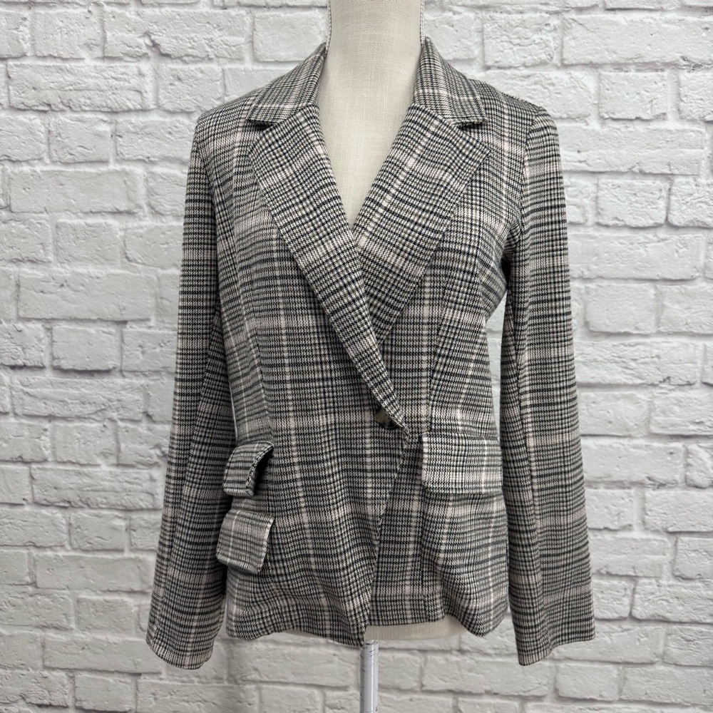 Anthropologie Maeve Collegiate Plaid Knit Blazer Jacket Asymmetrical Small EUC - Picture 2 of 16